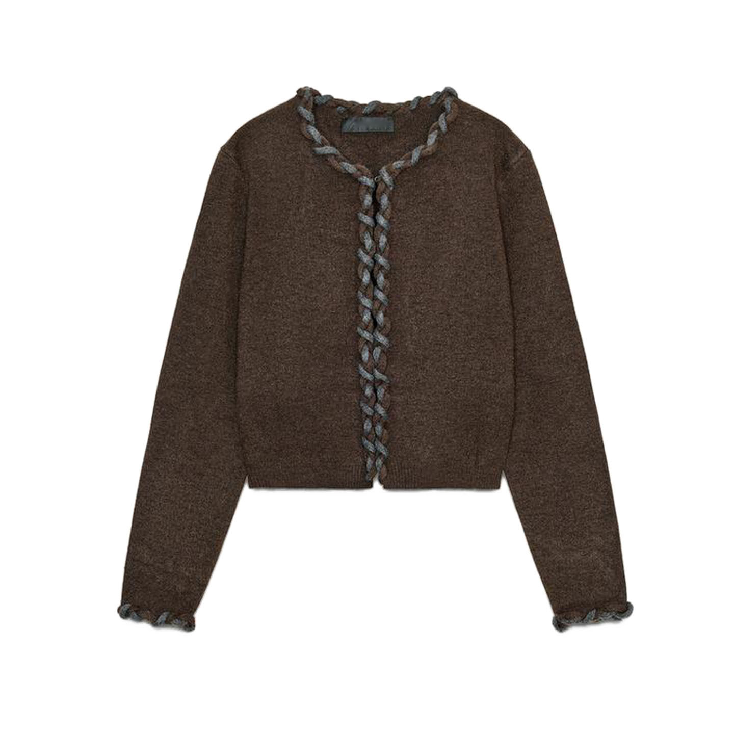 thumbnail for Autumn New Women's French Lazy Style Crew Neck Long Sleeve Interwoven Trim Short Knit Jacket 9598196