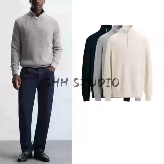 Autumn New Men's European and American Casual Half-High Collar Zipper Pullover Loose Knit Sweater 3332300