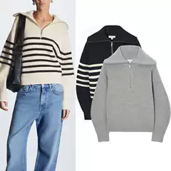 New Autumn and Winter Half-Zip Turtleneck Sweater, Loose and Lazy Style Pullover Striped Knitwear 1099812