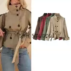 Autumn New Product Women's French Long Sleeve Funnel Collar with Belt Double Row Buckle Twill Short Windbreaker Coat