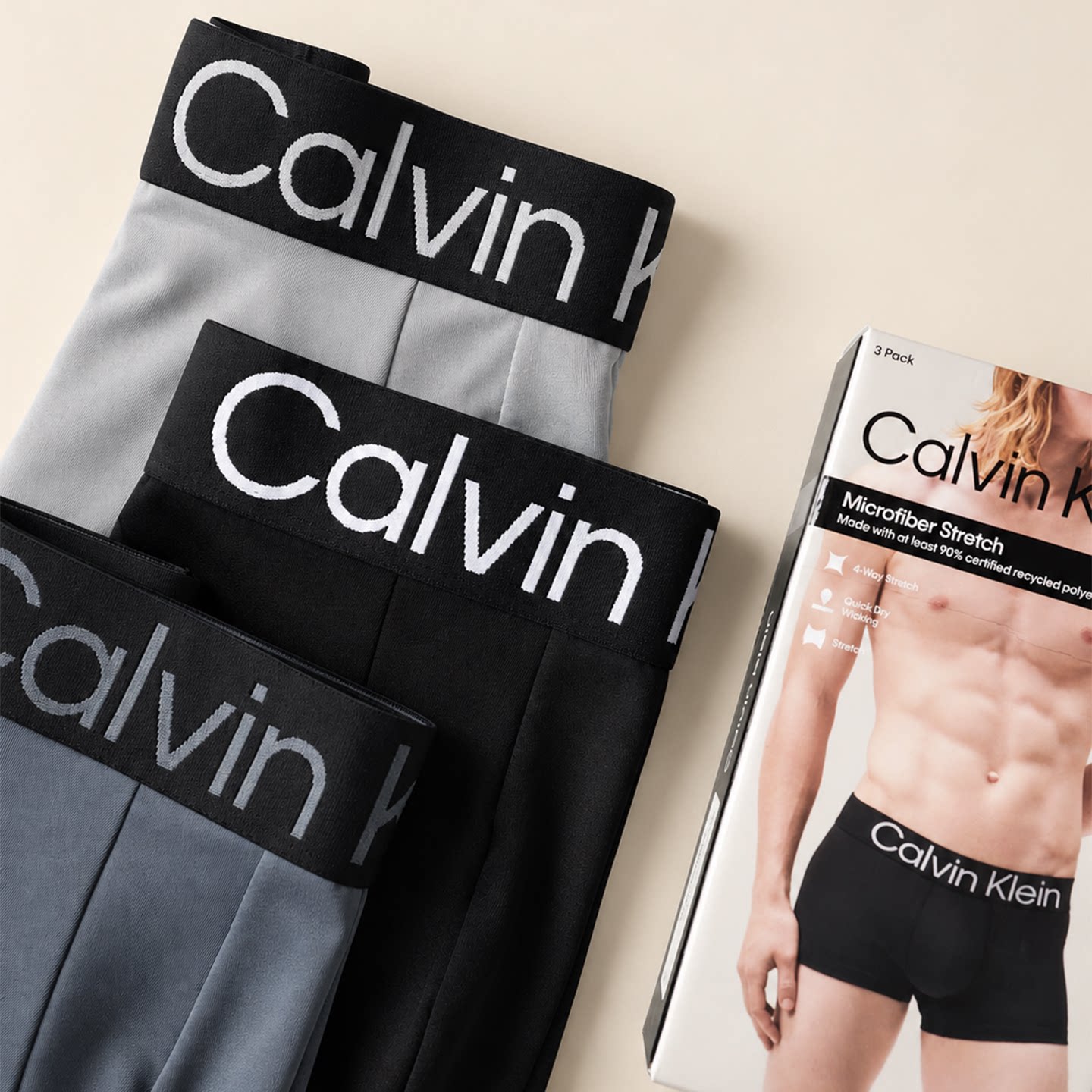 美版正品 Calvin Klein男士3条礼盒装循环提花腰边内裤顺滑平角裤