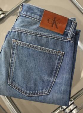 CK Jeans复刻90系列美式复古猫须磨白牛仔裤明星同款宽松直筒长裤