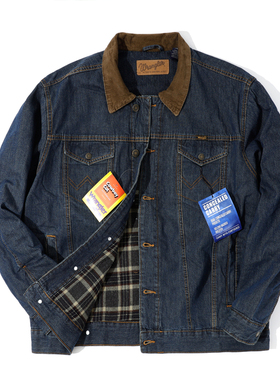 美版正品Wrangler威格牛仔夹克男士加绒加厚撞色翻领外套春秋新品