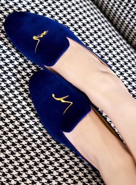 男女丝绒拖鞋包头一脚蹬懒人穆勒刺绣居家外出新Allen Xie艾伦谢