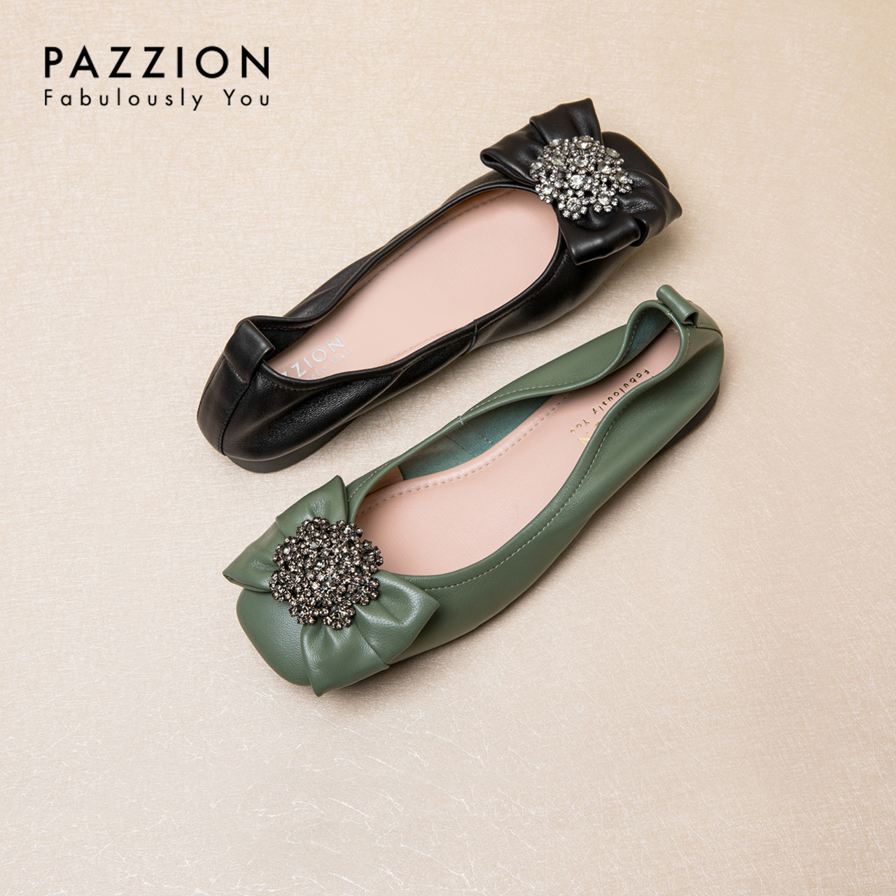 PAZZION2019夏季新款甜美花瓣蝴蝶结钻饰平底鞋 浅口方头羊皮单鞋