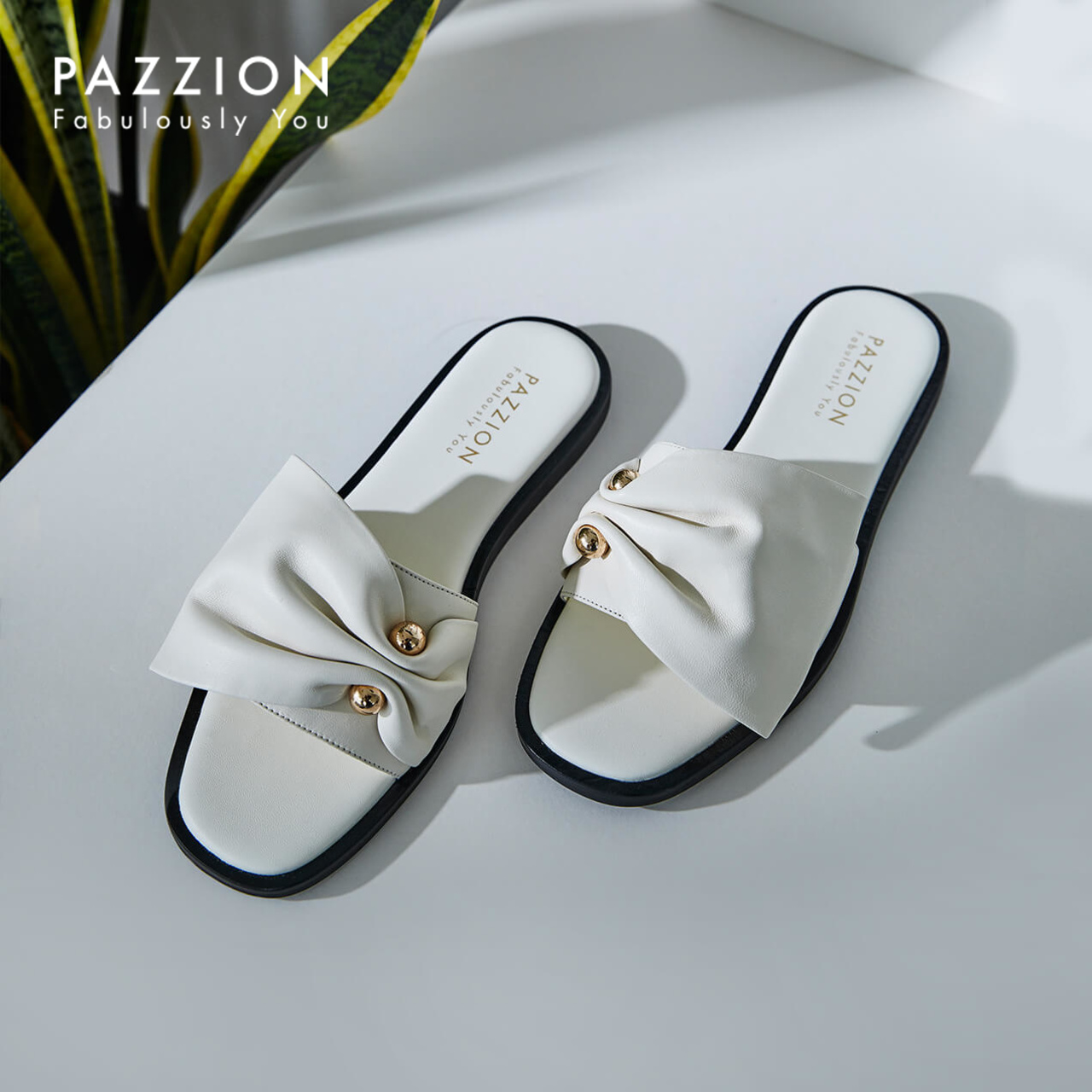 PAZZION2019新款优雅一字式带蝴蝶结外穿拖鞋 时尚金属珠钉平底鞋