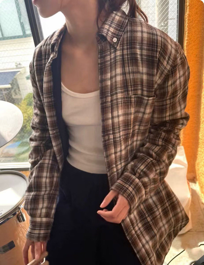 BrandyBM官网美式格子夹棉加厚翻领长袖衬衫bm复古磨毛夹克外套女