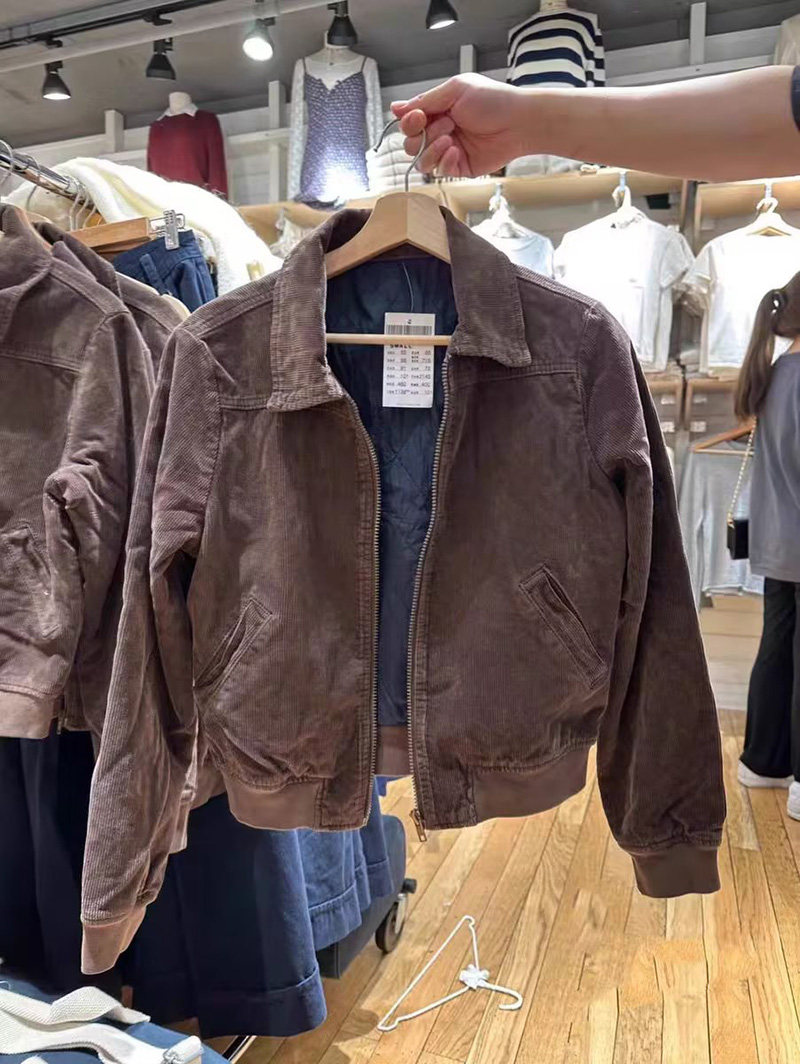 BrandyBM官网新款美式复古深棕色灯芯绒夹克bm翻领夹棉拉链外套女