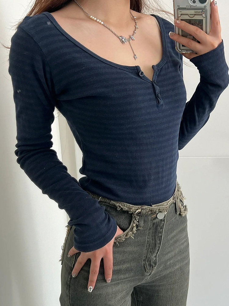 thumbnail for Brandy BM official website Spring and Autumn American three-button slim striped long-sleeved T-shirt top women's bm undershirt