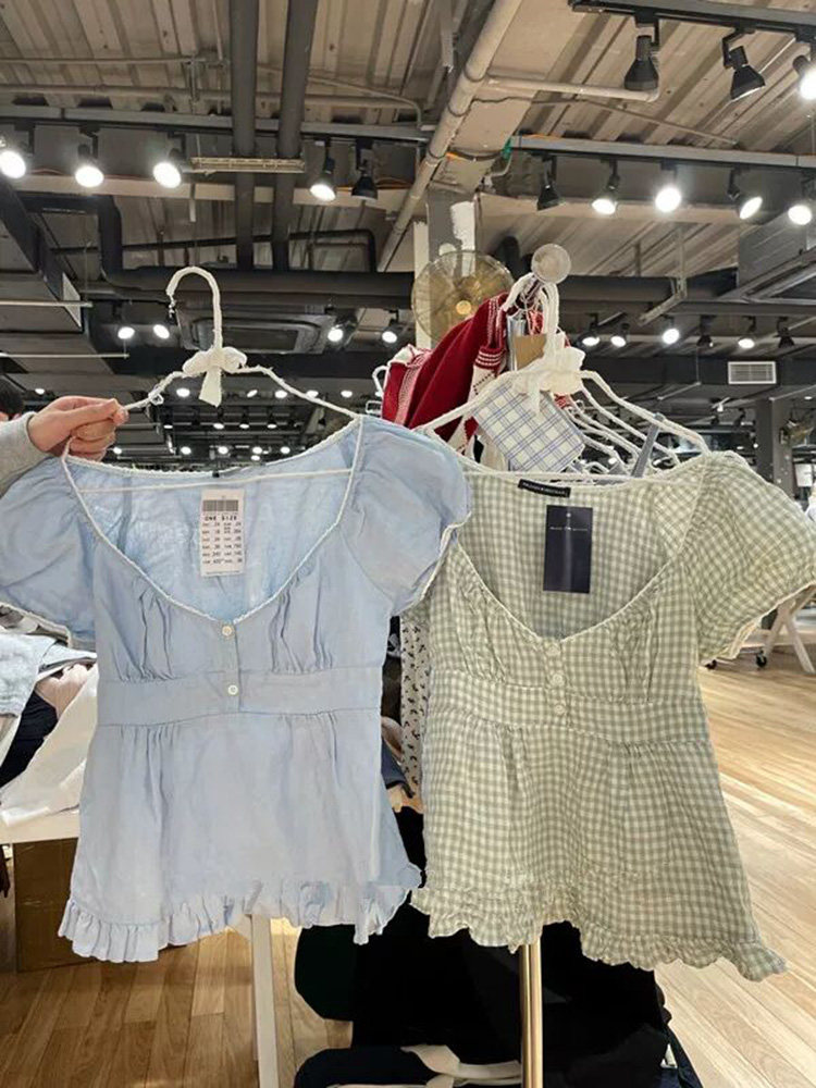 Brandy BM官网新款百搭荷叶边纯棉短袖衬衫bm小清新方领上衣女潮