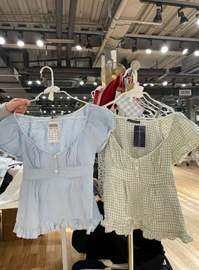 Brandy BM官网新款百搭荷叶边纯棉短袖衬衫bm小清新方领上衣女潮