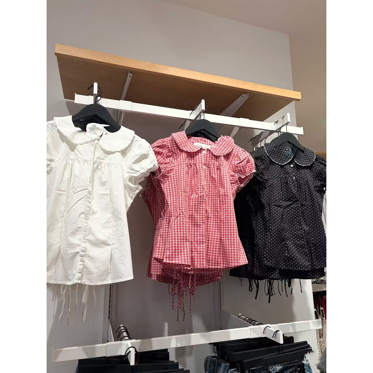 BM甜美娃娃领复古波点短袖衬衫收腰显瘦红色格纹开衫纽扣短袖上衣