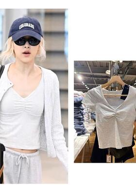 BM官网朴彩英rose同款褶皱花边领短袖T恤bm蝴蝶结纯棉显瘦上衣女