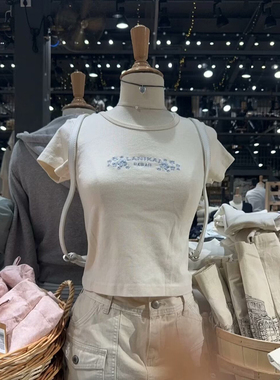 Brandy BM官网夏新款百搭蓝色小花刺绣短袖T恤bm休闲短款圆领上衣