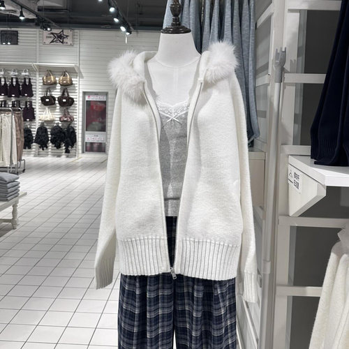 WM大毛领连帽针织衫外套上衣女