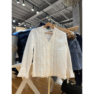 BM新款纯棉褶皱蕾丝花边领长袖衬衫bm宅女同款早秋绝美百搭上衣女