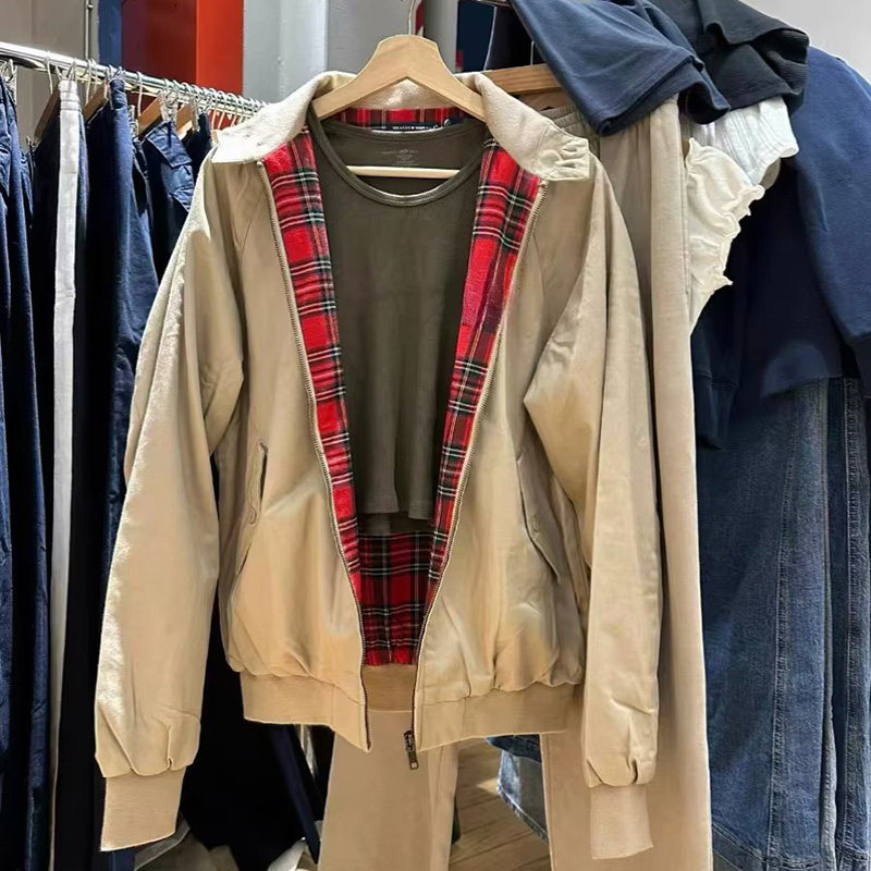 Brandybm官网美式复古卡其色红色格子外套女立领宽松休闲夹克上衣