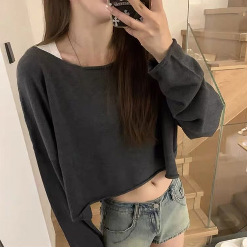 BrandyBM官网王子文同款秋季卷边长袖针织罩衫女复古短款露脐毛衣