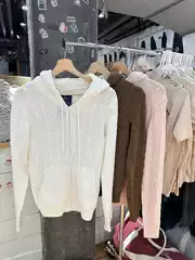 Bm Official Website Autumn and Winter New Light Pink Cable Knit Hooded Cardigan Sweater Bm Versatile Zipper Jacket Knitted Top for Women Trendy