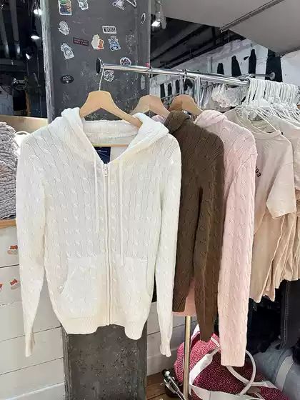Bm Official Website Autumn and Winter New Light Pink Cable Knit Hooded Cardigan Sweater Bm Versatile Zipper Jacket Knitted Top for Women Trendy