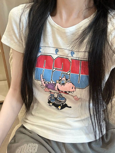 Brandy BM官网美式复古恐龙滑板印花圆领短袖T恤bm休闲显瘦上衣女