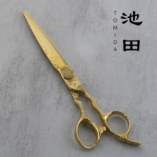 新款池田美发剪刀cobalt超钴合金全手工雕刻3D纹路镀金色综合平剪
