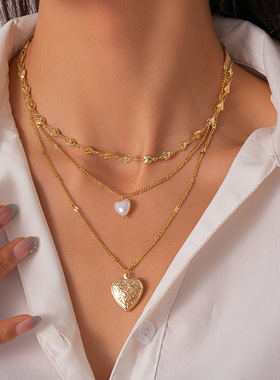 欧美仿珍珠爱心印花三层叠戴毛衣链法式复古小众高级感气质项链女
