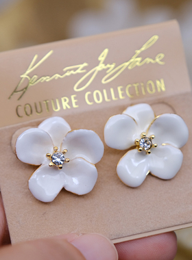 LiliaVintage古董首饰KJL复古珐琅彩山茶花珊瑚棋盘格耳夹耳环