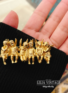 Vintage古董首饰EdgarBerebi复古优雅金色圣诞六天使送礼大衣胸针