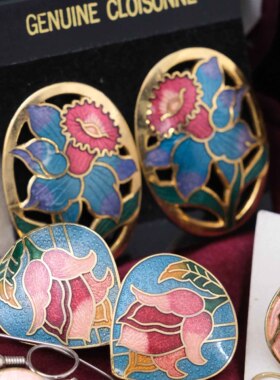 Liliavintage古董首饰80年代复古珐琅耳夹景泰蓝彩釉花卉耳环钉D2