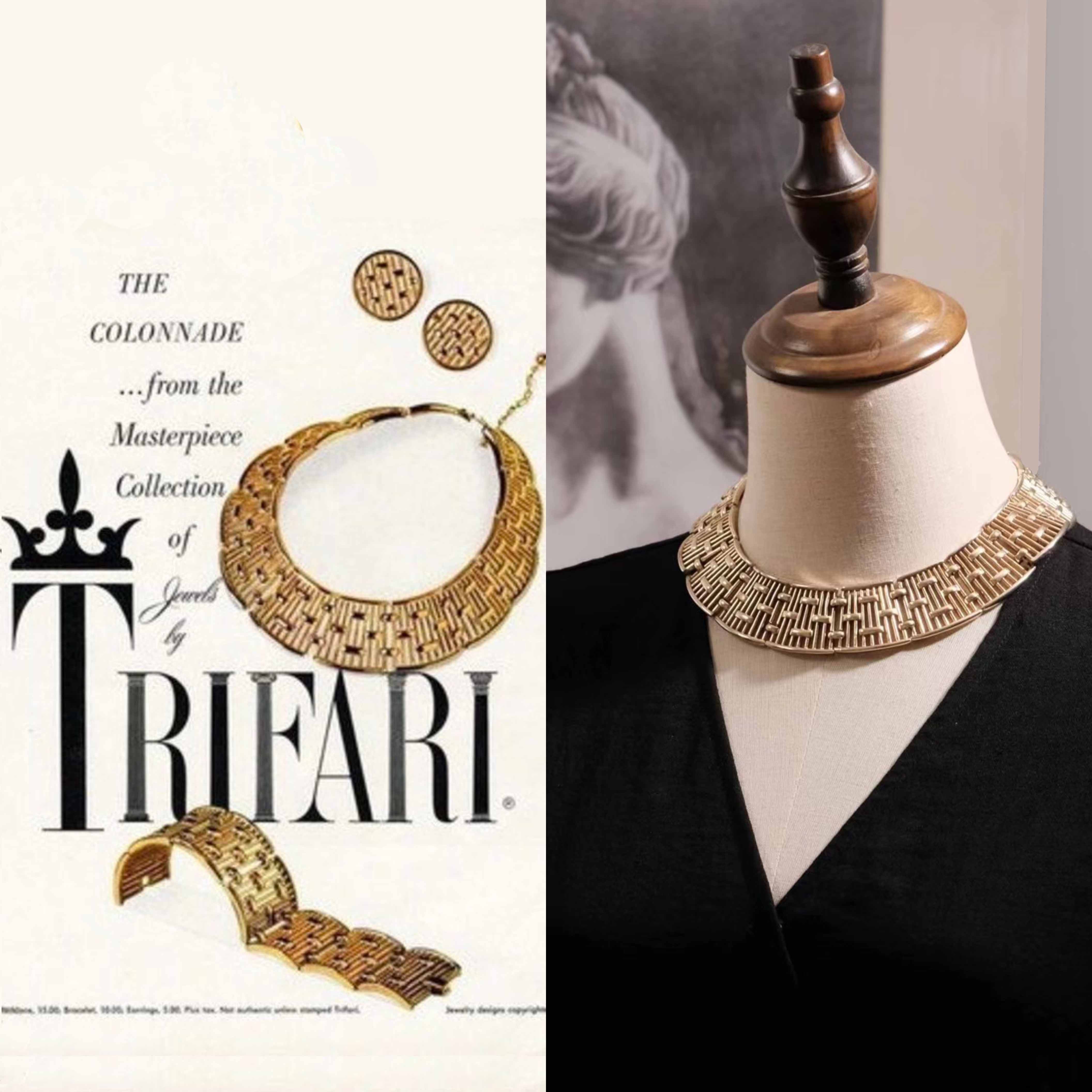Vintage古董首饰Trifari翠法丽镀金复古海报款中古项链优雅古典