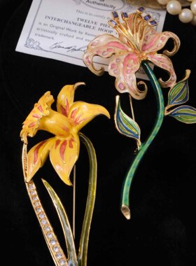 Vintage中古首饰Bob Mackie虎斑粉色百合黄色水仙手绘珐琅彩胸针