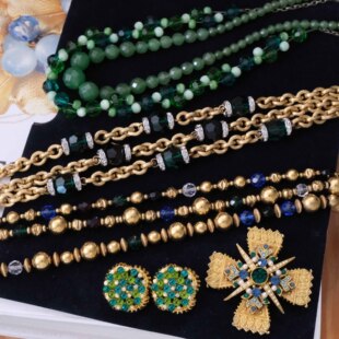 Vintage中古饰品Monet镀金绿色水晶项链JoanRivers十字架耳夹合集
