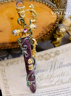 Vintage中古首饰KirksFolly紫色藤蔓珐琅彩宝石水晶仙女剑胸针