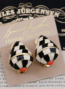 LiliaVintage古董首饰KJL复古小众黑白棋盘格珐琅海螺无耳洞耳夹