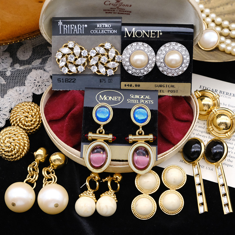 vintage古董首饰monet莫奈复古优雅婚礼水晶长水滴珍珠耳环耳钉d9