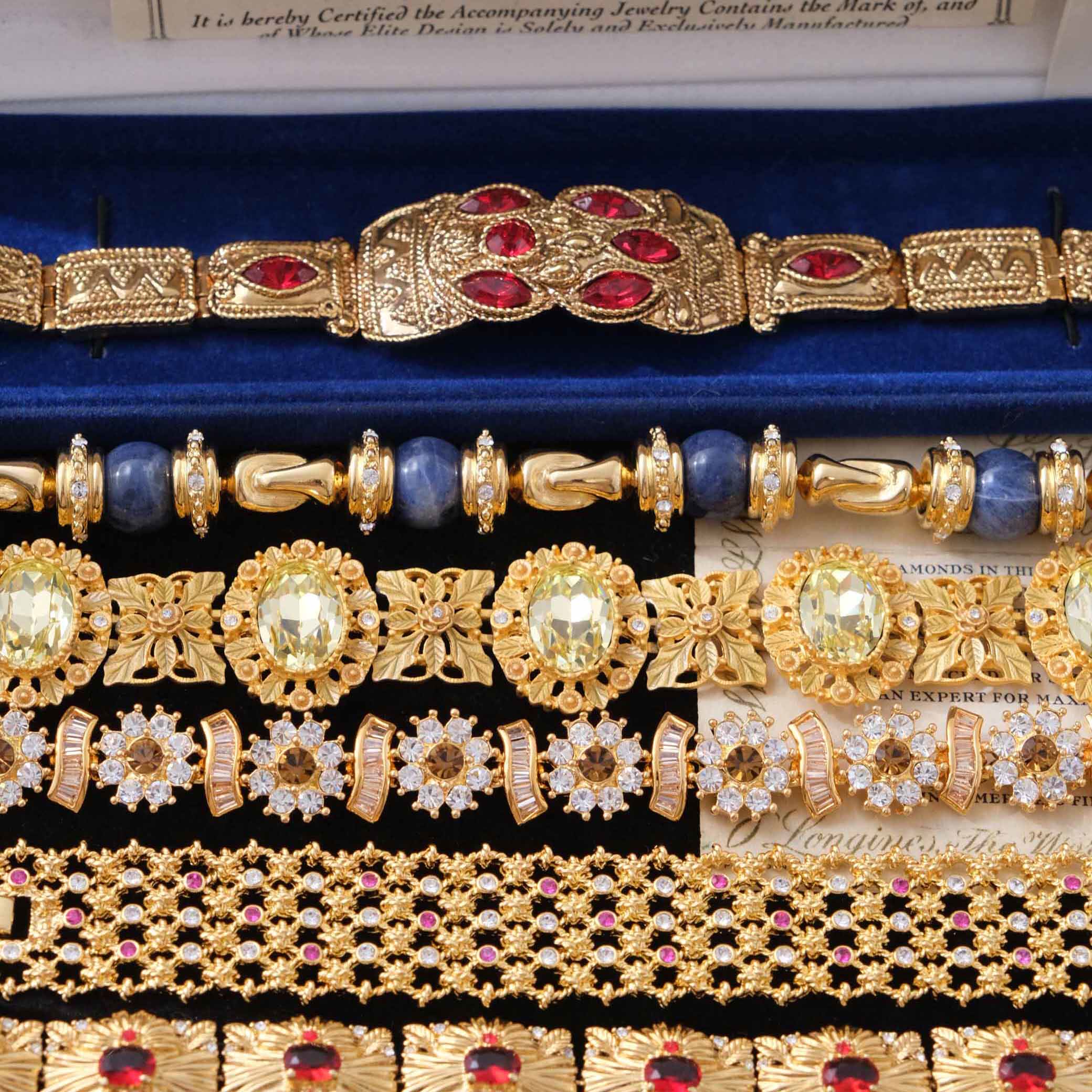 Vintage西洋古董首饰JBK复古卡梅奥宝石浮雕蓝绿红水晶中古手链集