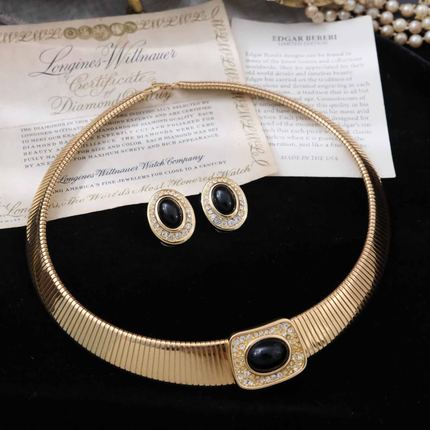 Vintage古董首饰DI0R复古优雅黑水晶典耳夹中古项链套装B31