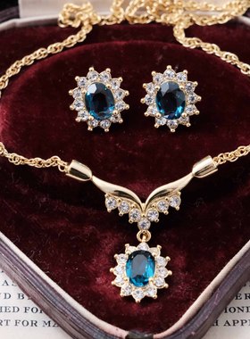 Vintage古董首饰美国Roman蓝色红色星芒水晶耳钉项链新年礼物套装