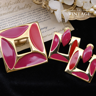 LiliaVintage古董首饰Monet莫奈几何红色耳夹胸针新年红复古套装