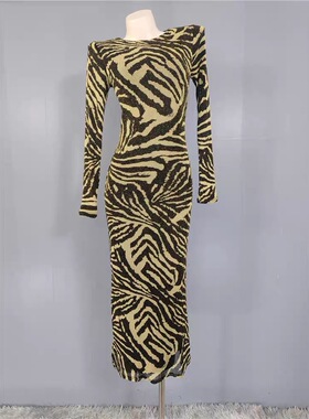 外贸单2026夏季新款时尚百搭修身性感辣妹抽象弹力包臀长袖连衣裙