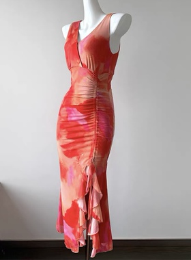 外贸法式浪漫度假风V领无袖时尚波浪边抽绳开叉荷叶边网纱连衣裙