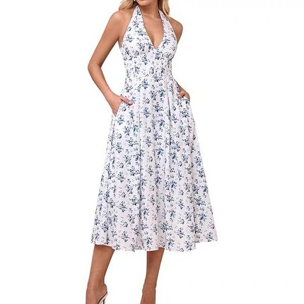 外贸单淑女时尚法式系带茶歇气质收腰显瘦百搭印花挂脖连衣裙礼服