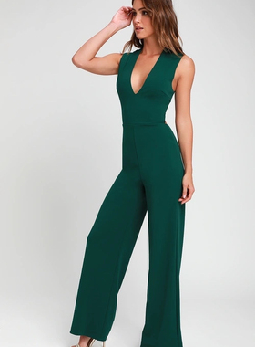 外贸单2025夏季新款性感时尚御姐V领露背显瘦绿色无袖百搭连体裤