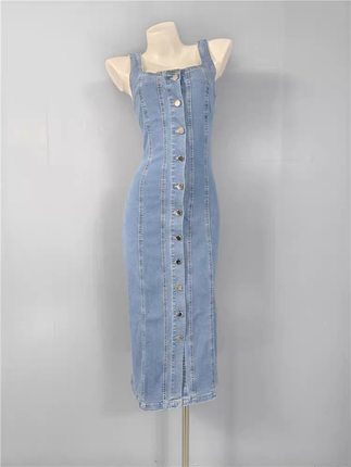 外贸单显瘦方领排扣牛仔棉复古气质收腰显瘦百搭背带显身材连衣裙