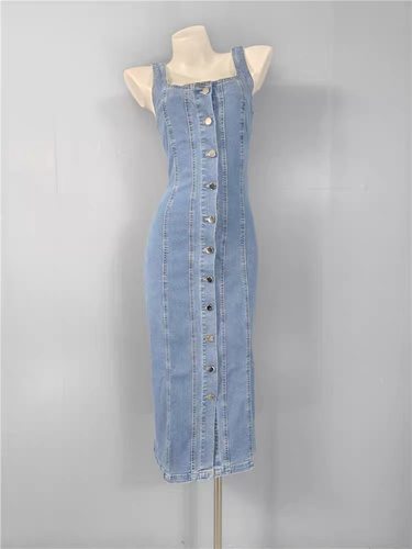 外贸单显瘦方领排扣牛仔棉复古气质收腰显瘦百搭背带显身材连衣裙