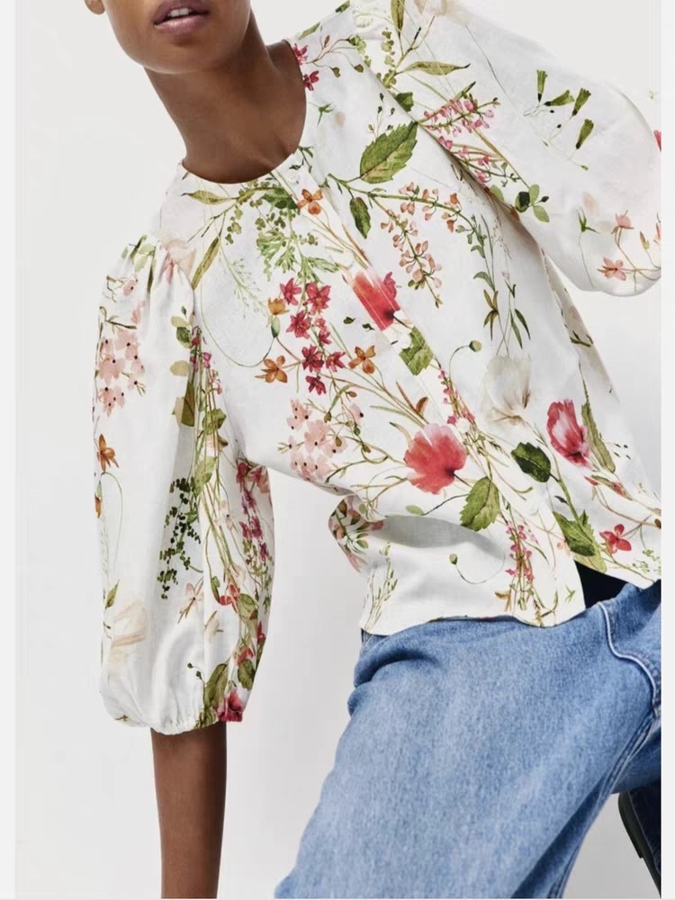 外贸单H家春季新款亚麻印花系带荷叶领衬衫女士度假百搭复古上衣