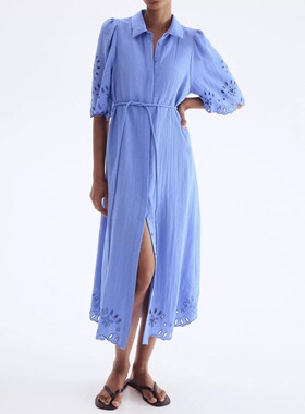 外贸高品质H家衬衫式2025秋新款重工女绣花短袖百搭连衣裙配腰带