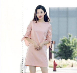 Yigue/亦谷秋款通勤圆领连衣裙女纯色简约时尚直身款裙子女