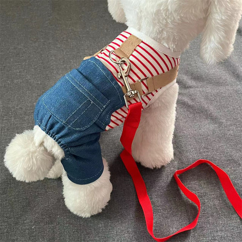 牛仔背带四脚裤可挂牵引绳宠物春夏季泰迪比熊小型犬狗狗四脚衣服 - 封面